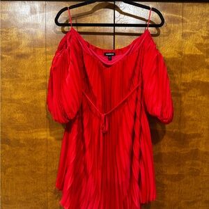 Express Red Off Shoulder Trapeze Dress Pleated Belted Size M Wedding Guest